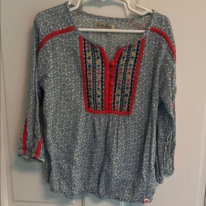 Lucky Brand Blue Blouse with Red and Yellow Embroidery